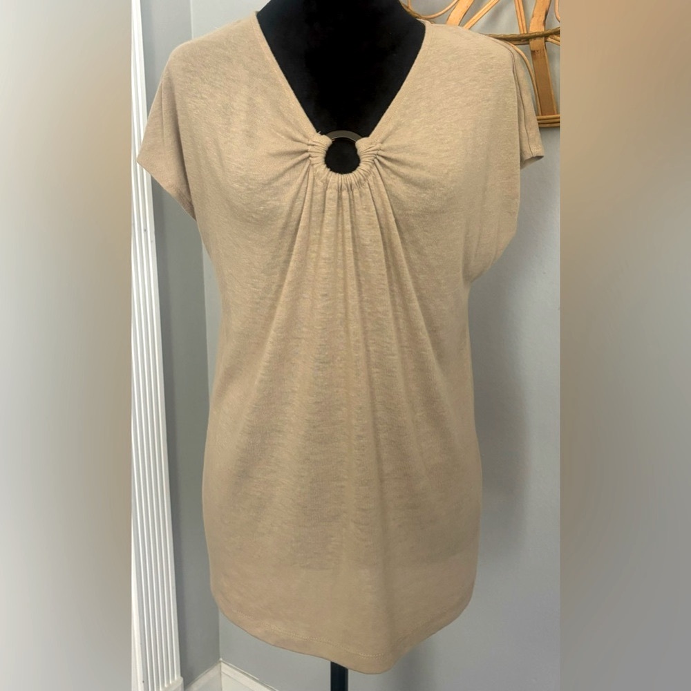 Prosecco, Tan Short Sleeve Lightweight Top with Embellishment, Size Medium